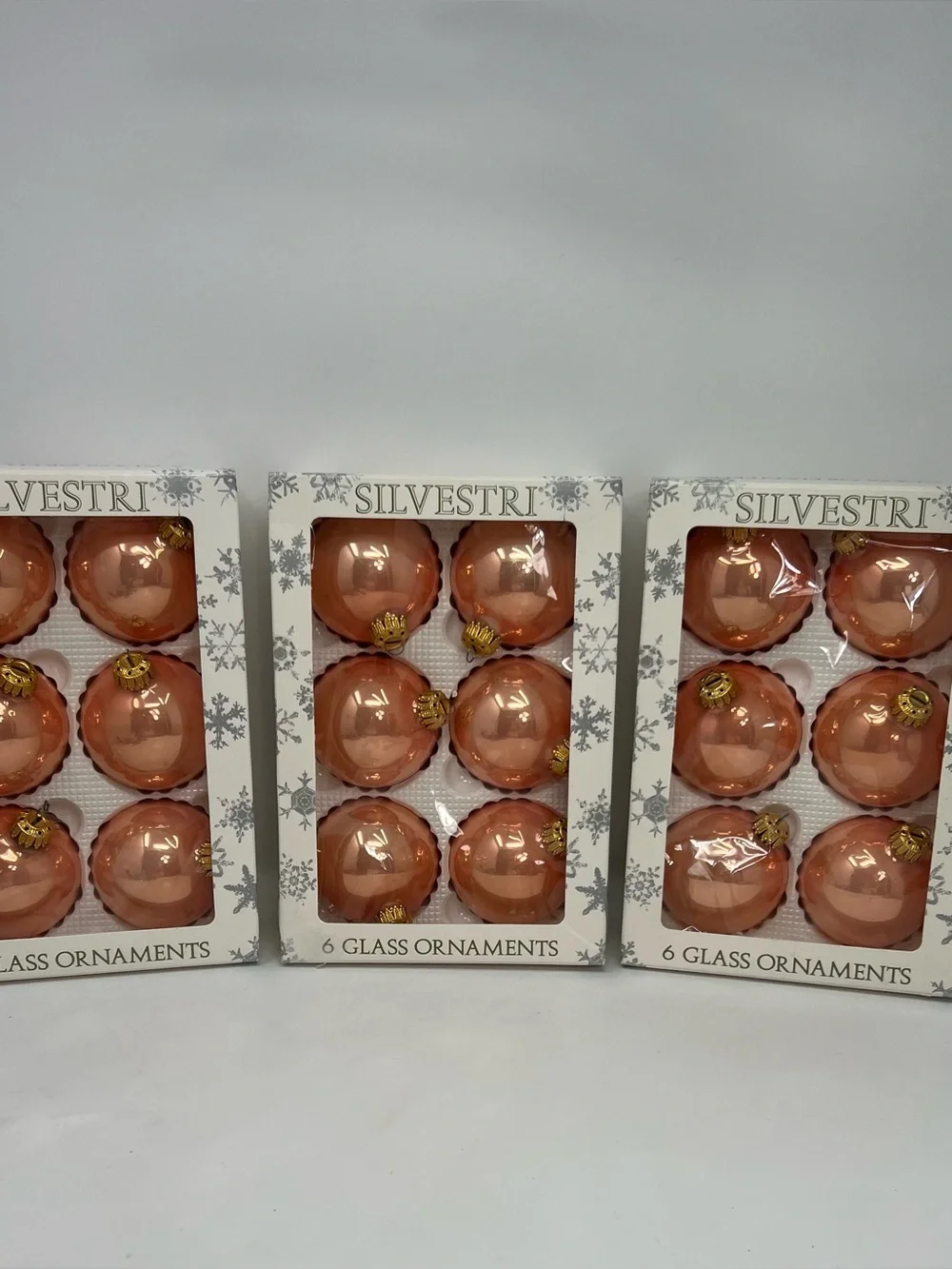 SILVESTRI Rose Gold Peach Glass Ball Christmas Ornaments 3 Boxes 6 Per Box Vtg